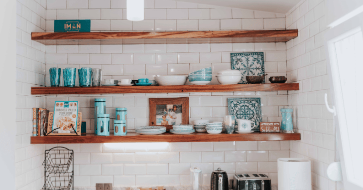 Pottery Barn floating shelves display